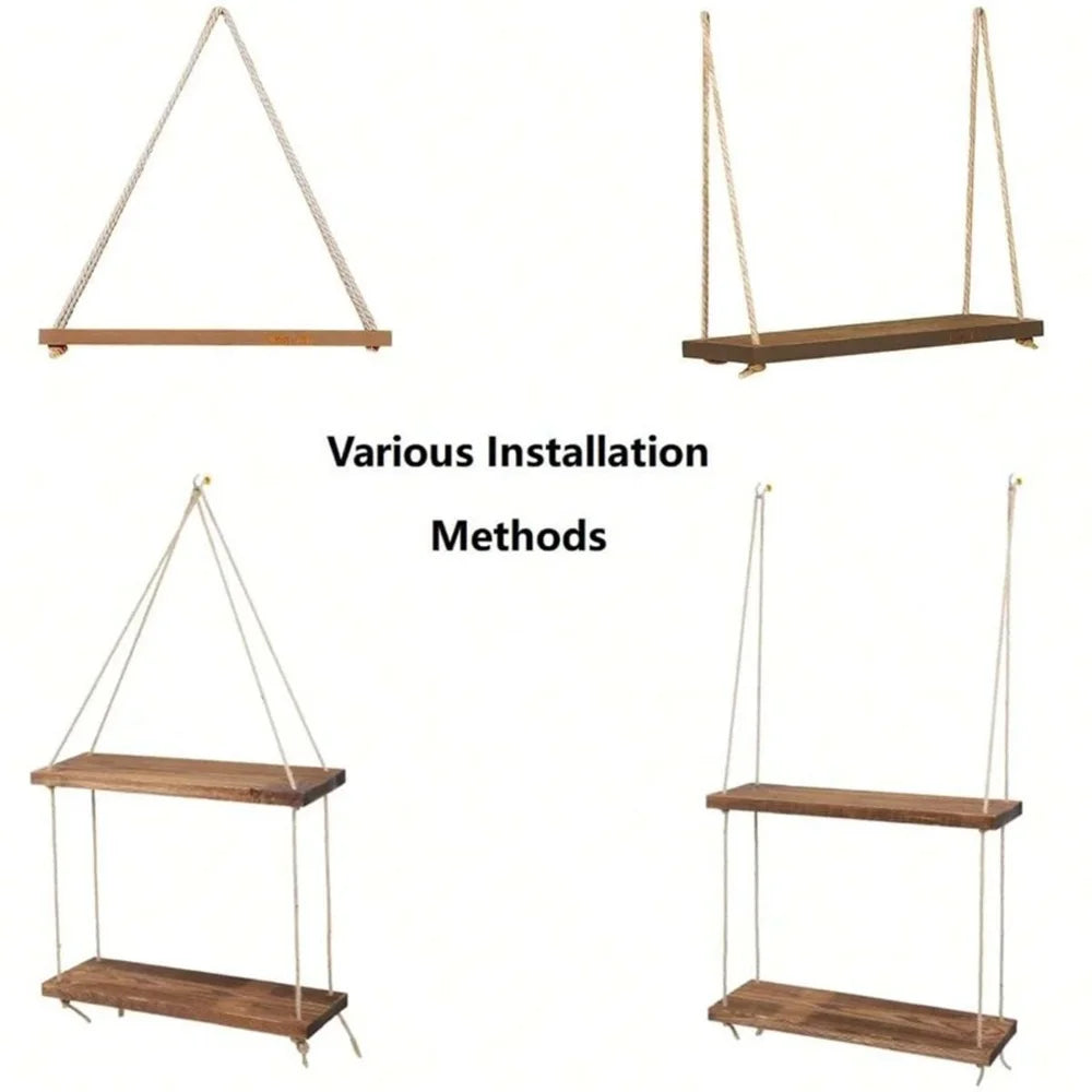 1pc Wood Hanging Shelve Swing Hanging Hemp Rope Wall Shelve Mounted Floating Home Living Room Plant Flower Pot Tray Storage