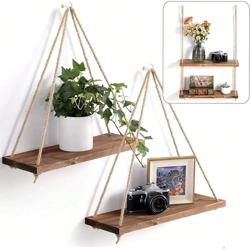 1pc Wood Hanging Shelve Swing Hanging Hemp Rope Wall Shelve Mounted Floating Home Living Room Plant Flower Pot Tray Storage