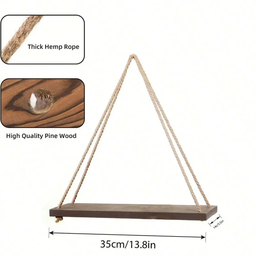 1pc Wood Hanging Shelve Swing Hanging Hemp Rope Wall Shelve Mounted Floating Home Living Room Plant Flower Pot Tray Storage