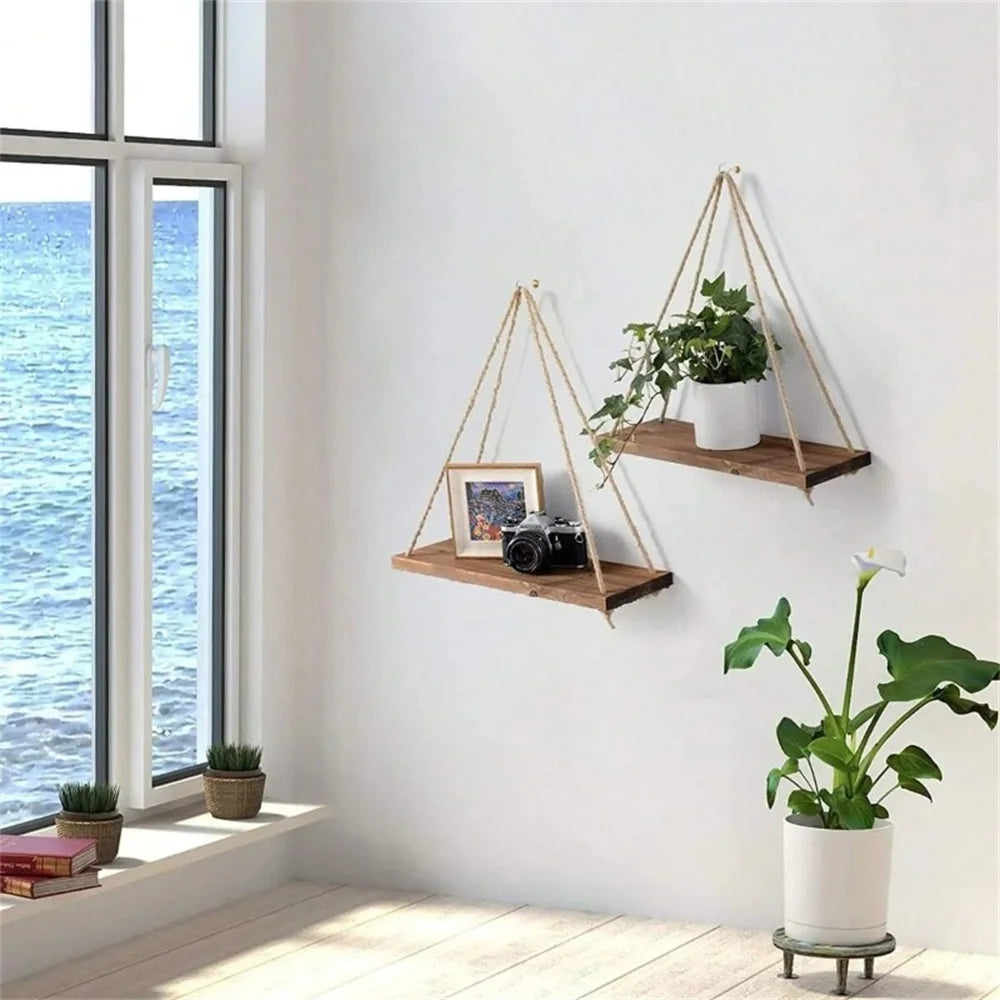 1pc Wood Hanging Shelve Swing Hanging Hemp Rope Wall Shelve Mounted Floating Home Living Room Plant Flower Pot Tray Storage