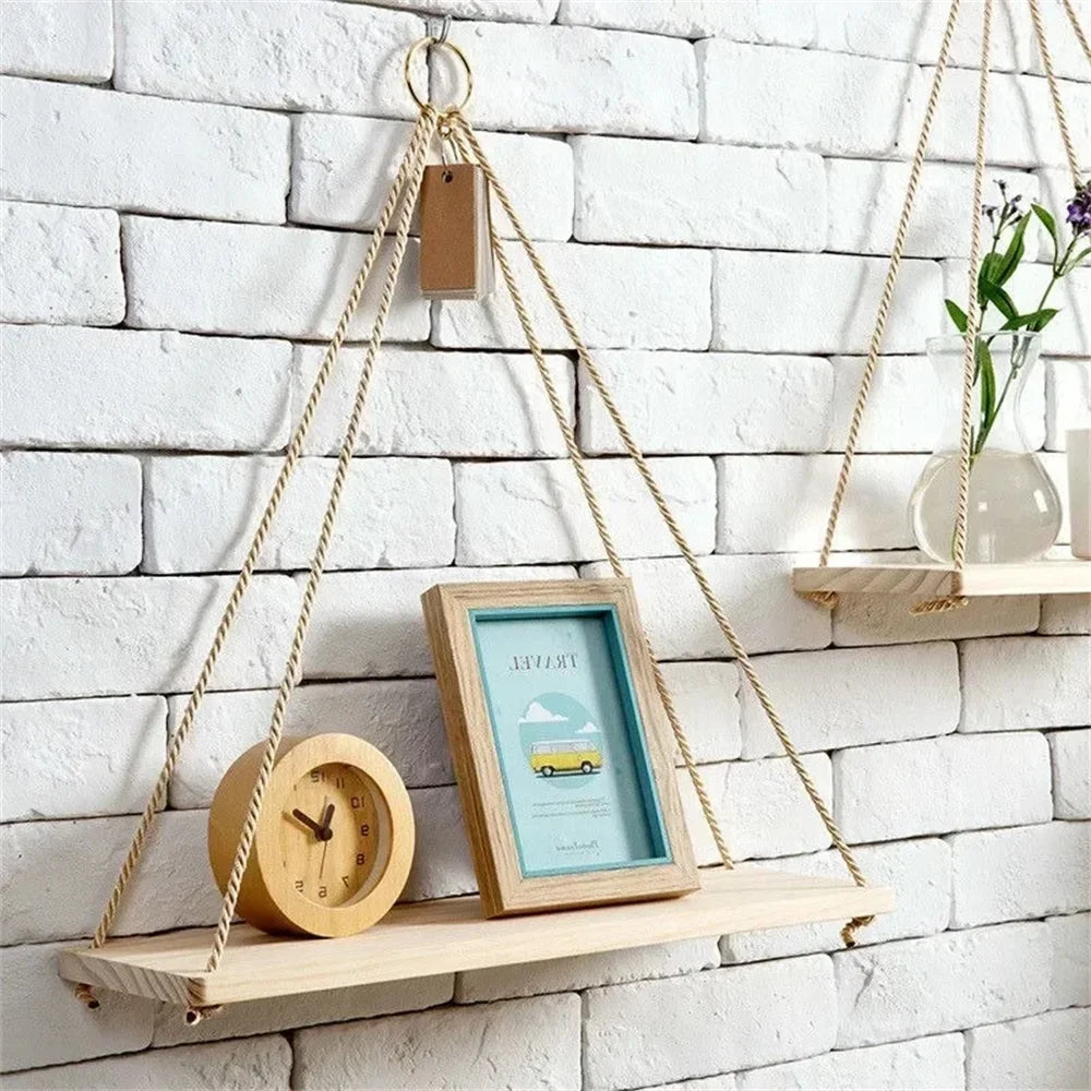 1pc Wood Hanging Shelve Swing Hanging Hemp Rope Wall Shelve Mounted Floating Home Living Room Plant Flower Pot Tray Storage