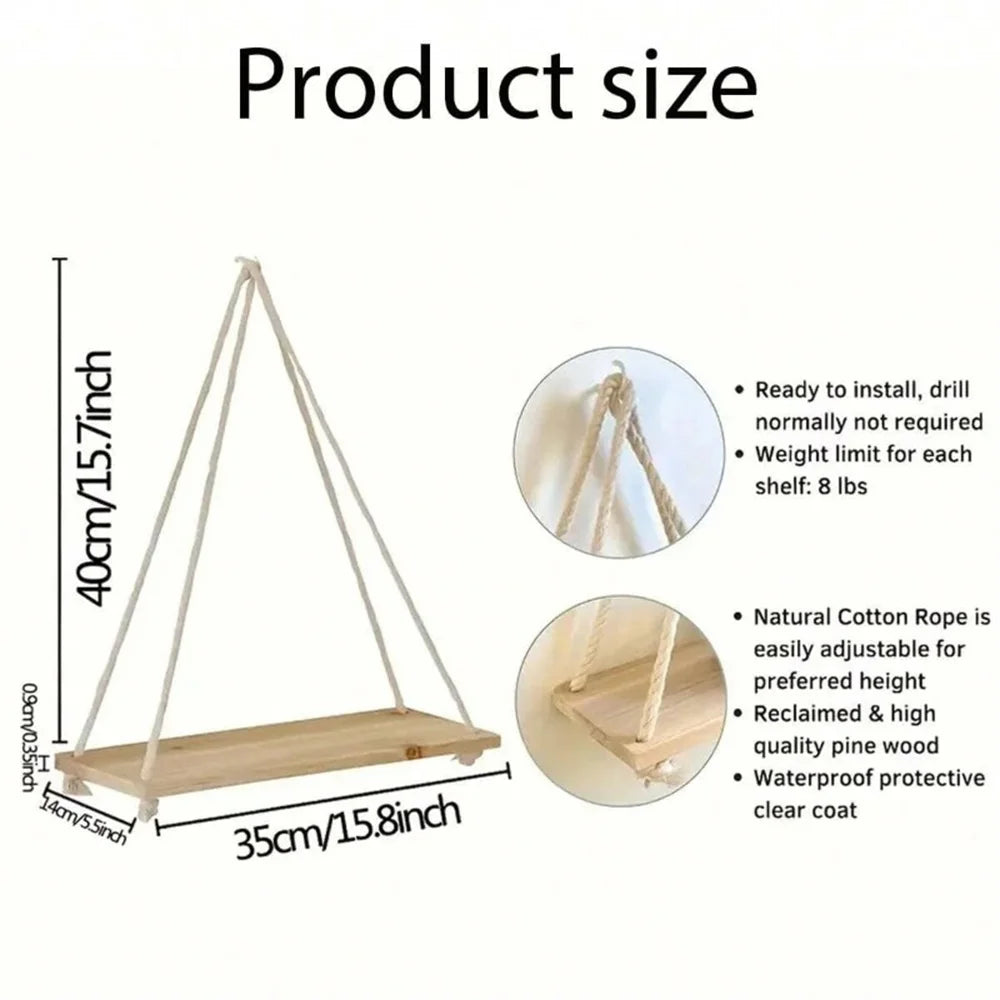 1pc Wood Hanging Shelve Swing Hanging Hemp Rope Wall Shelve Mounted Floating Home Living Room Plant Flower Pot Tray Storage